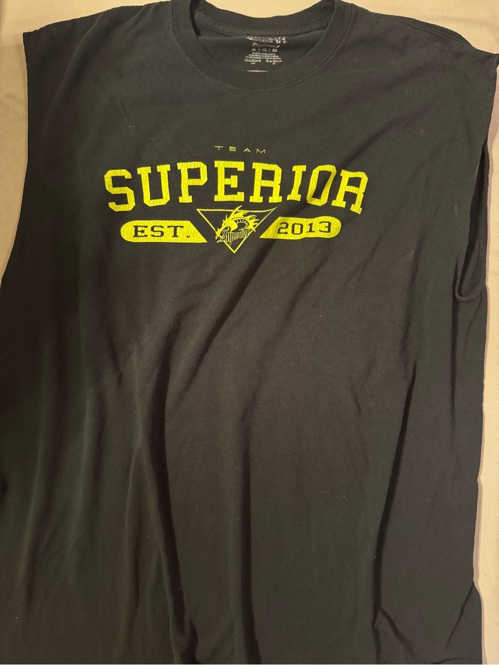 Superior Team Men's Black Graphic Tee with Yellow Logo cut off sleeves
